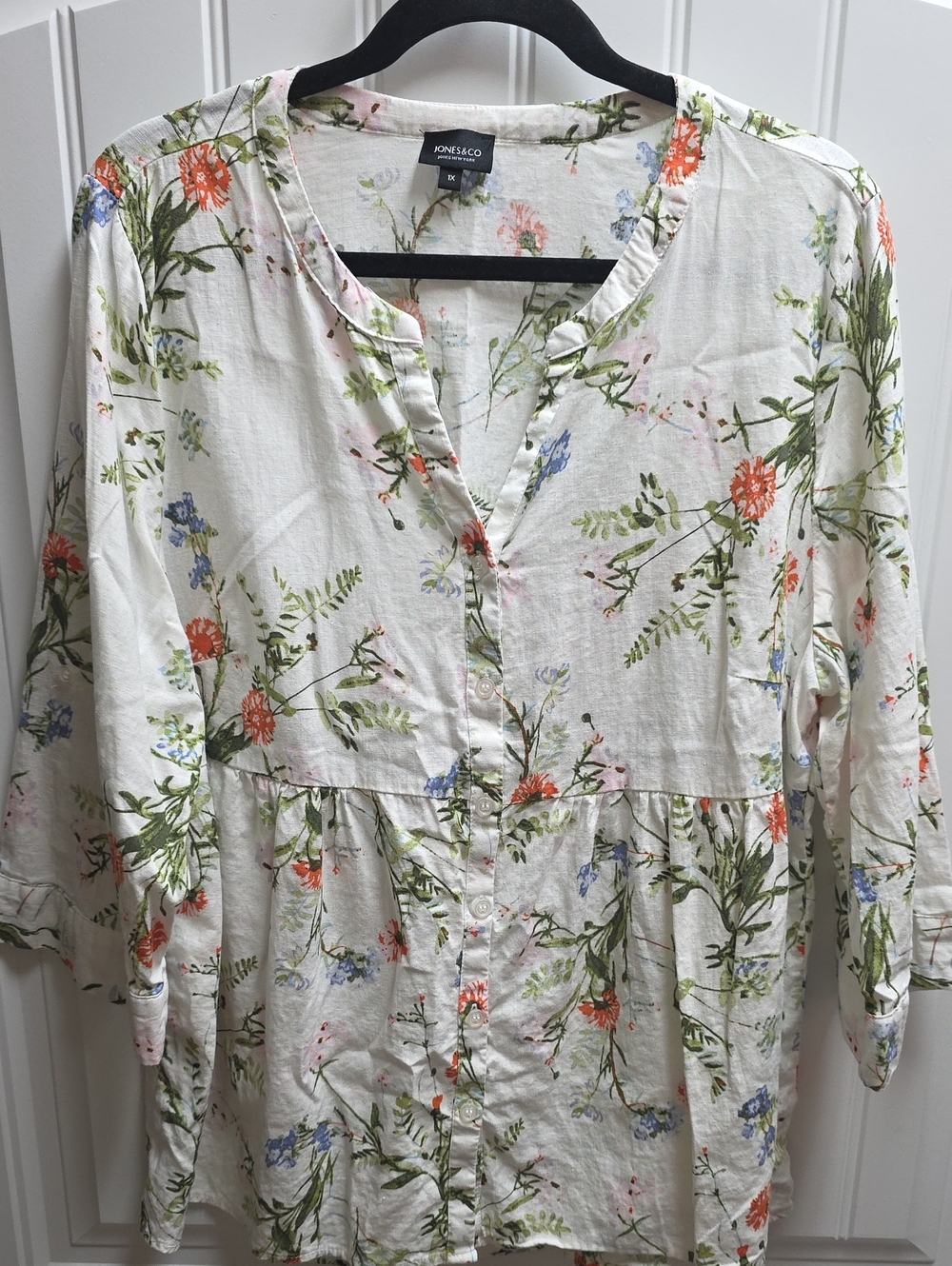 Jones & Co White Floral Button-Front Women's Blouse 1X